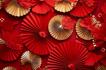 Red, gold paper fan decoration background for Chinese lunar new year	