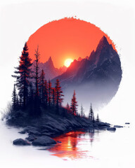 Mountain landscape with lake and forest at sunset. Digital painting
