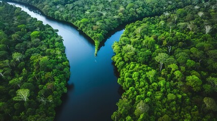 Aerial river winding through a rainforest, the lifeline of the ecosystem, bordered by dense greenery