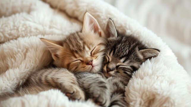 two kittens sleeping on a blanket
