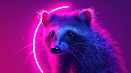 Neon-lit opossum face on magenta background. Neon purple vaporwave opossum.