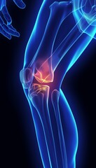 X-ray of a knee joint with highlighted pain area. ortopedic hip pain illustration 3d octane render