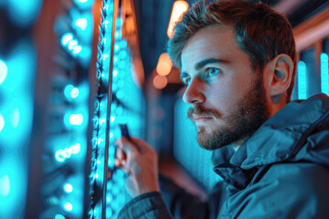 Technician repairs, maintains electrical and computer equipment in server room, soft blue LED backlight.