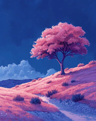 Fantasy illustration of a pink tree in the meadow