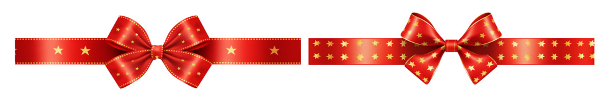 Two sets of horizontal glossy red & golden Bow and Ribbon with stars on a white or transparent background. PNG. For decorating. red gift ribbon cut out.
