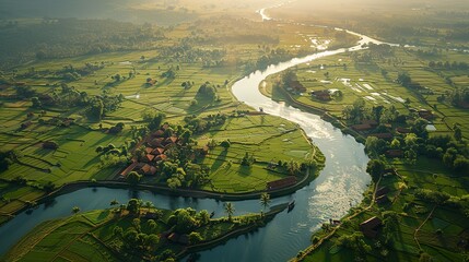 Aerial view of a meandering river cutting through the countryside, lush banks and traditional farmhouses along its course - obrazy, fototapety, plakaty