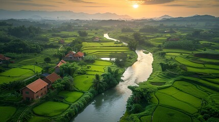Aerial view of a meandering river cutting through the countryside, lush banks and traditional farmhouses along its course  - obrazy, fototapety, plakaty