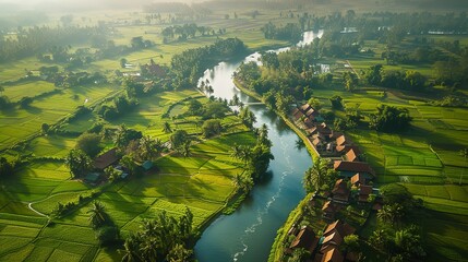 Aerial view of a meandering river cutting through the countryside, lush banks and traditional farmhouses along its course - obrazy, fototapety, plakaty