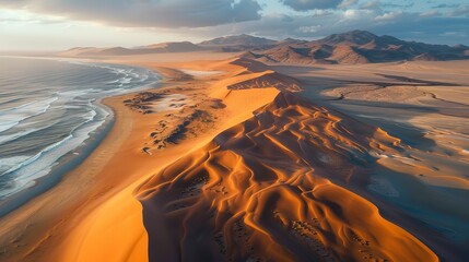 Aerial view of rippling sand dunes in the Namib Desert, patterns of light and shadow, the artistry of nature's design 