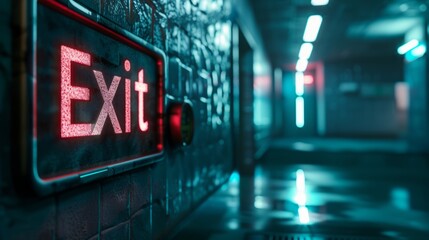 An exit sign in a long corridor symbolizing the exit from the room - obrazy, fototapety, plakaty