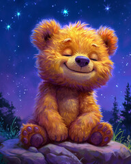 Illustration of a teddy bear sitting on a rock at night