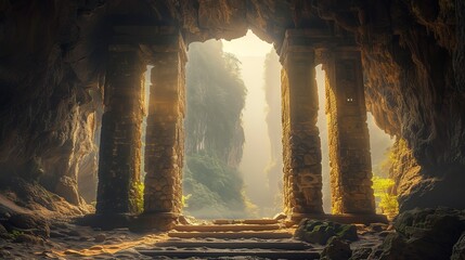 Ancient cave entrance flanked by towering rock pillars, the gateway to mysteries held within the earth  - obrazy, fototapety, plakaty