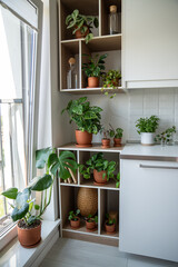 Houseplants Epipremnum Pothos, Monstera Monkey, Pilea, Dischidia, Philodendron and sprouts in terracotta pots on shelves at home. Design of modern kitchen interior. Hobby, greenery, plant lovers.
