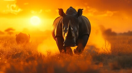 Witness the strength of a charging rhinoceros in the savanna at dawn.