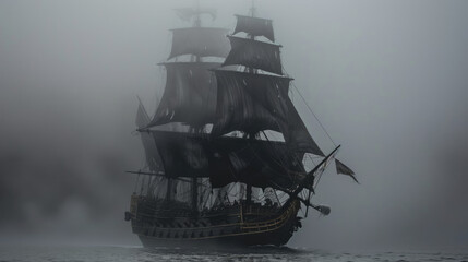 Pirate ship with black tattered sails sailing through fog. Mystery scary boat. Mystical ghost sailboat. Creepy vessel floating sea, ocean. Gloomy foggy weather. Fairytale historical nautical travel.