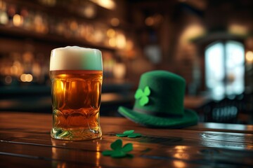 Glass of beer and green leprechaun hat on wooden bar in the pub. St. Patricks Day concept.