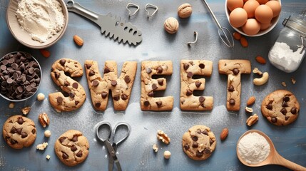 The word Sweet which is written from lined up chocolate chip cookies. Around are the tools for baking and the ingredients from which it is made