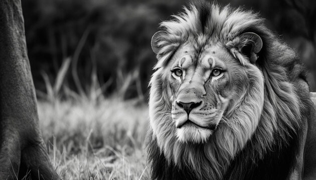 Strong contrast black and white of a male lion in jungle
