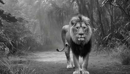 Strong contrast black and white of a male lion in jungle