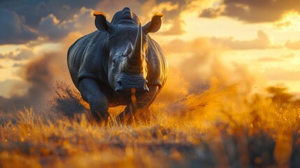 Witness the strength of a charging rhinoceros in the savanna at dawn.