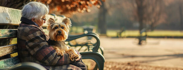 An elderly woman sharing a quiet moment with her loyal dog on a park bench, capturing the essence...