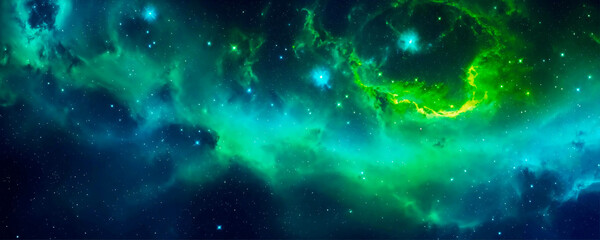 Deep space banner. Dreamy green and blue nebula with cosmic gas.