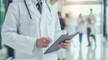 The doctor meticulously reviews medical charts and documents, ensuring thorough understanding and preparation for providing effective and precise medical care.