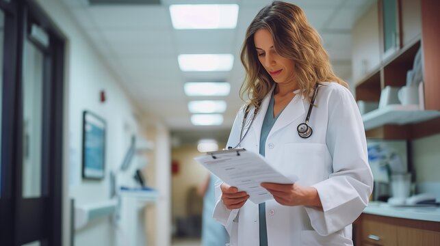 Dedicated female doctor stands, attentively reading medical charts and documents for the purpose of providing effective medical treatment and care with precision and focus.