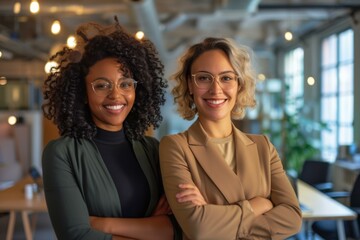 Confident Businesswomen Smiling in Modern Office, Professional Teamwork Concept
