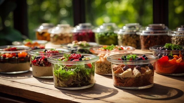 Catering service providing prepared healthy lunch boxes for balanced diet takeaway delivery