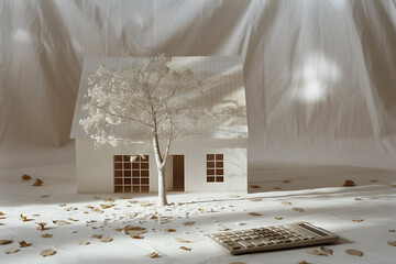 house model and calculator with little leaves on the 