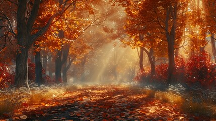 Crisp autumn morning, golden sunlight filtering through a canopy of red, orange, and yellow leaves, a peaceful forest path  - obrazy, fototapety, plakaty