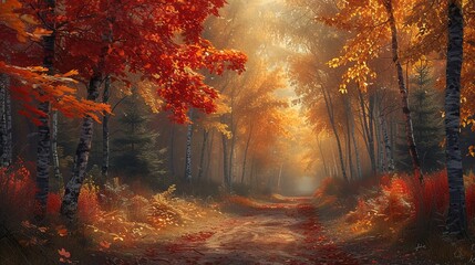 Crisp autumn morning, golden sunlight filtering through a canopy of red, orange, and yellow leaves, a peaceful forest path - obrazy, fototapety, plakaty