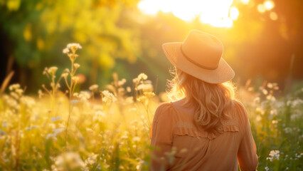 Solitary woman figure in summer hat stands in golden field at sunset, symbolizing search for peace in nature. Concept of mental health, slow life, well being and outdoor activities. Copy space