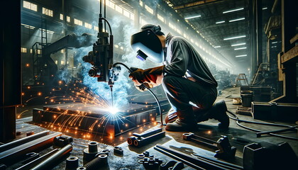 Metal welder working with arc welding machine and using mig mag welder constructions to weld steel at factory.