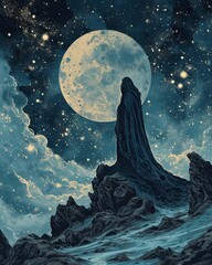 Fantasy landscape with a lone figure and full moon