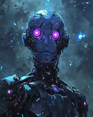 Cyborg head with cosmic background, digital art illustration