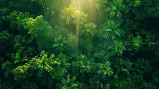 Dense rainforest canopy from above, a sea of green leaves pierced by sunlight, revealing the complex layers of the ecosystem 