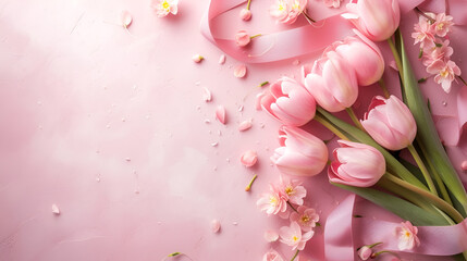 banner for March 8th with copy space, pink tulips on a pink background with petals and space for text