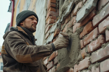 portrait of a Bricklayer worker installing brick masonry on exterior wall with trowel putty knife