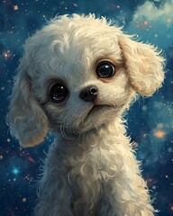 Poodle dog in space. Digital painting of a cute dog