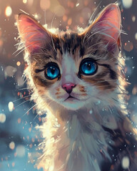 Portrait of a beautiful kitten with blue eyes. Digital painting