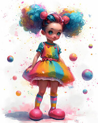 Cute little girl with colorful hair and makeup. Digital painting