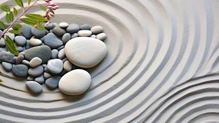 Fototapeta na wymiar Tranquil zen garden meditation with stone and wavy sand ripples, banner background