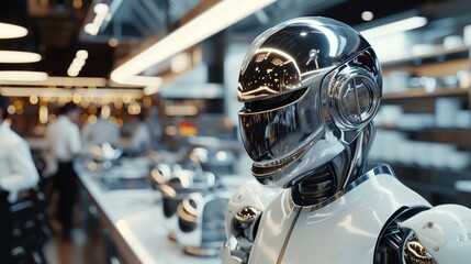 a robot with a shiny helmet
