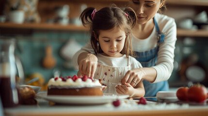 Fototapeta premium a mother cooking a cake with her little girls, realistic photo