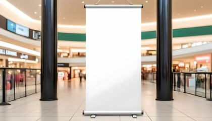 roll up mockup poster stand in an shopping mall banner design with blank empty copy space area created with generative ai
