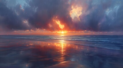 Dramatic beachscape at sunset, dark clouds parting to reveal a fiery sun setting into the ocean, reflections on wet sand 