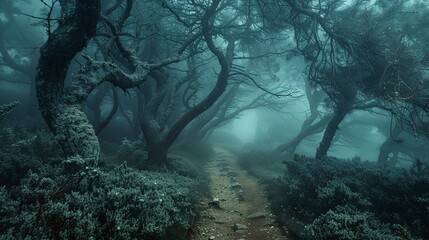Deserted pathway through a ha unted forest, fog creeping between twisted trees, an air of mystery and ancient secrets 