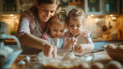 a mother cooking a cake with her little girls, realistic photo